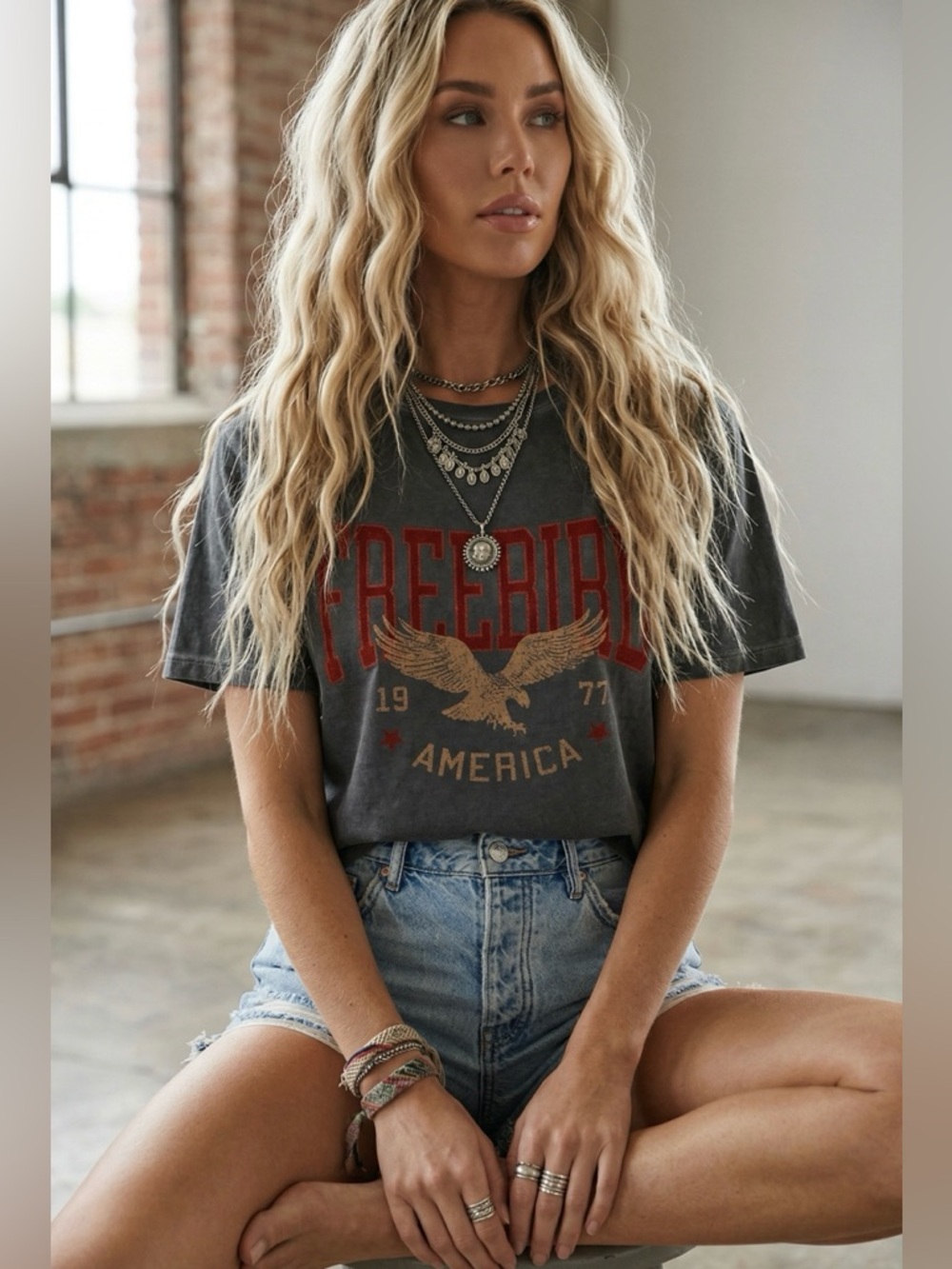 NWT Free Bird Americana Vintage Washed Graphic Cropped Tee Crop Top T-Shirt - Picture 4 of 5